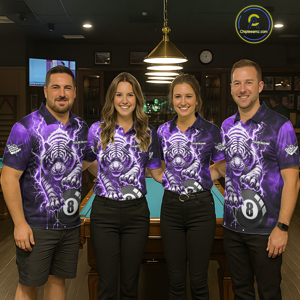 Purple 8 Ball Thunder Lightning Tiger Billiard Shirt Custom Pool Team Jersey Polo, 1/4 Zip