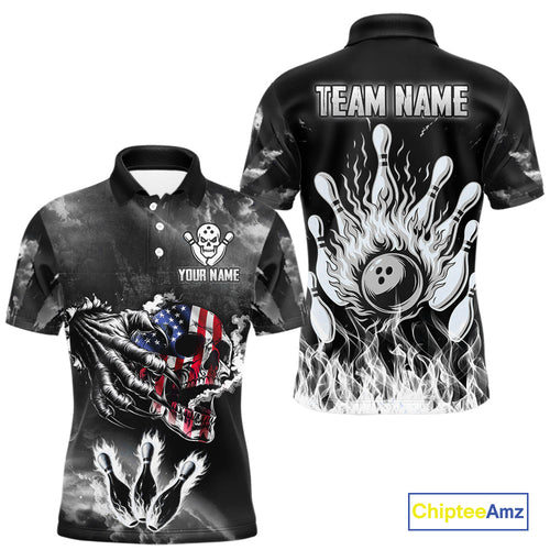 Black And White Flaming American Flag Skull Bowling Shirt Custom Fire Bowling Team Jersey
