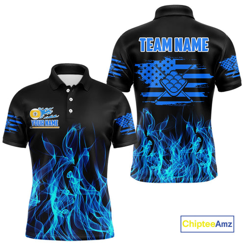 Blue Flaming US Flag 9 Ball Billiard Shirt Custom Patriotic Pool Player Team Jersey