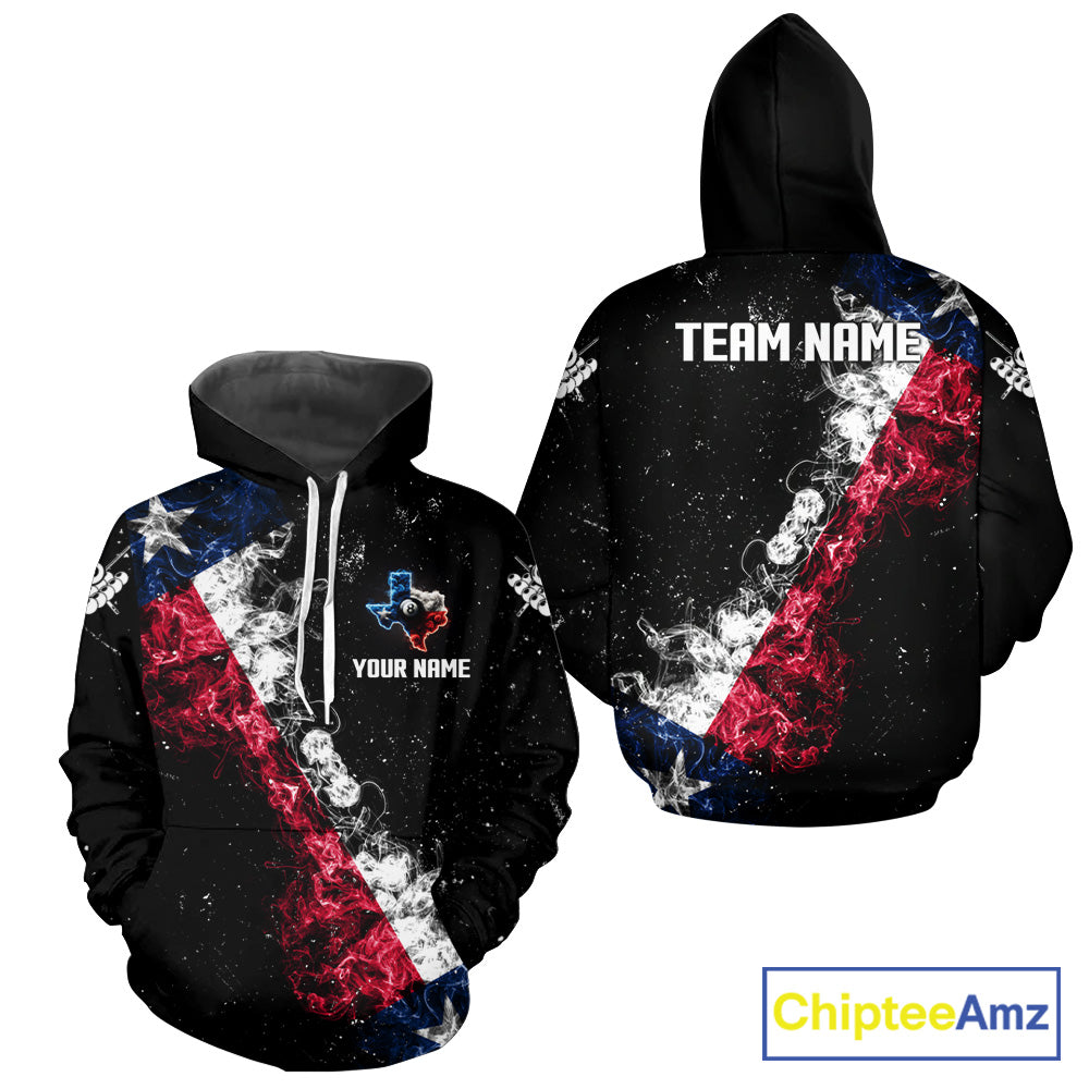 Personalized Grunge Texas Flag Smoke Billiard Hoodie Custom Patriotic Pool Team Shirt, Billiard Jersey