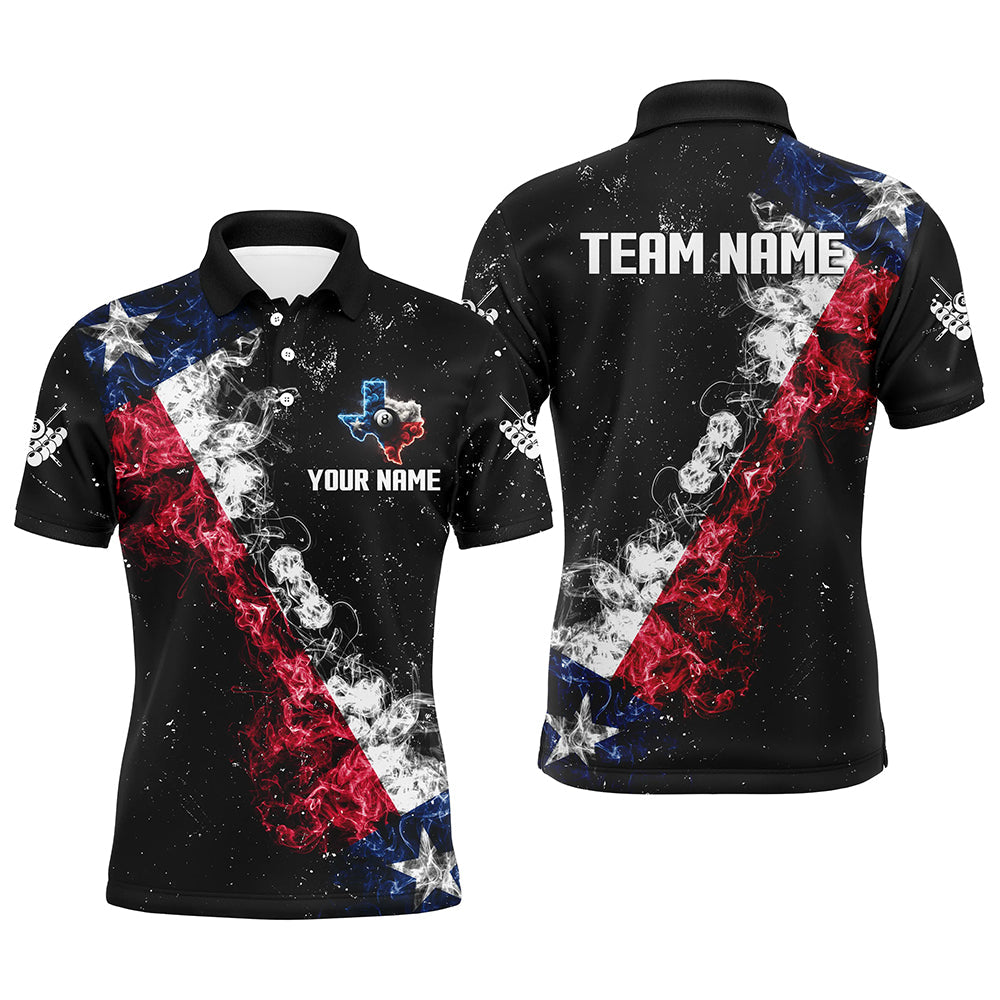 Personalized Black Grunge Texas Flag Smoke Billiard Shirt, Patriotic Texas Pool Team Jersey
