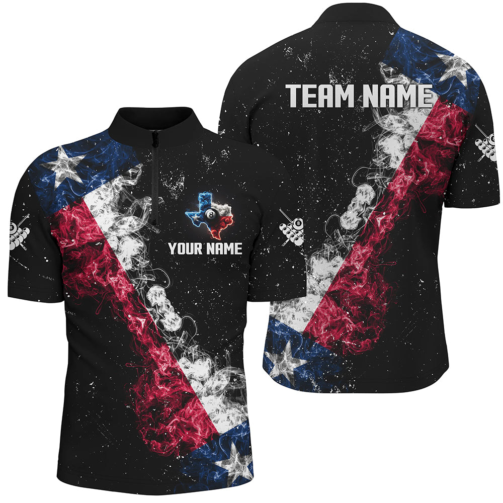 Personalized Black Grunge Texas Flag Smoke Billiard Shirt, Patriotic Texas Pool Team Jersey