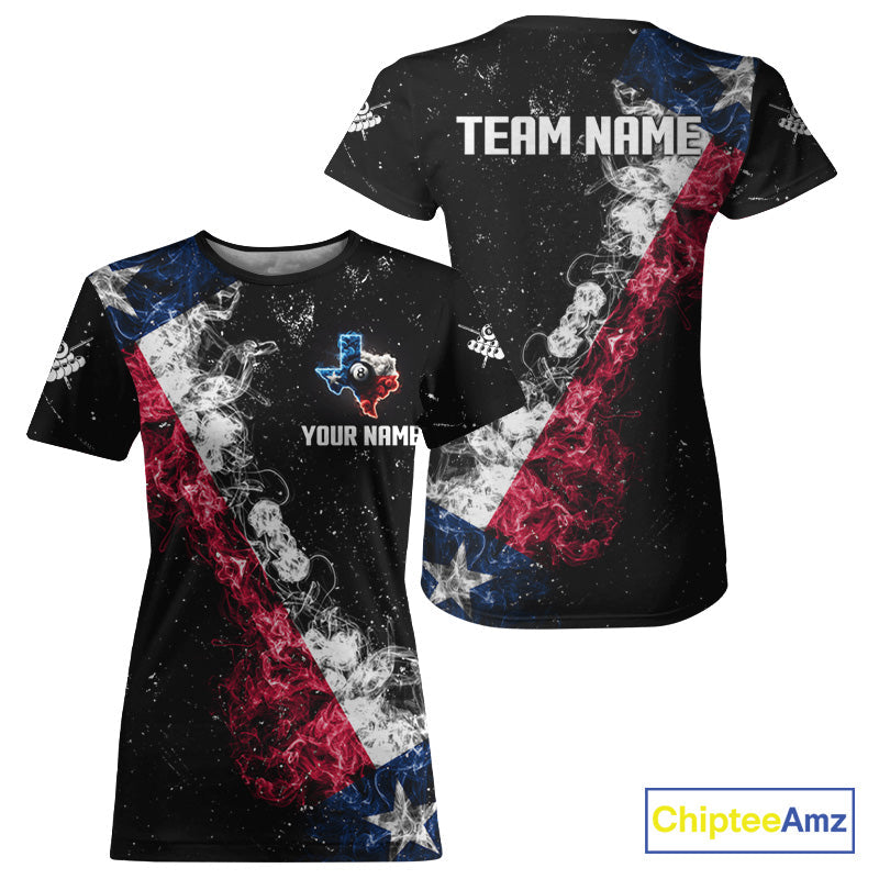 Personalized Grunge Texas Flag Smoke Billiard T-Shirt Custom Patriotic Texas Pool Team Jersey