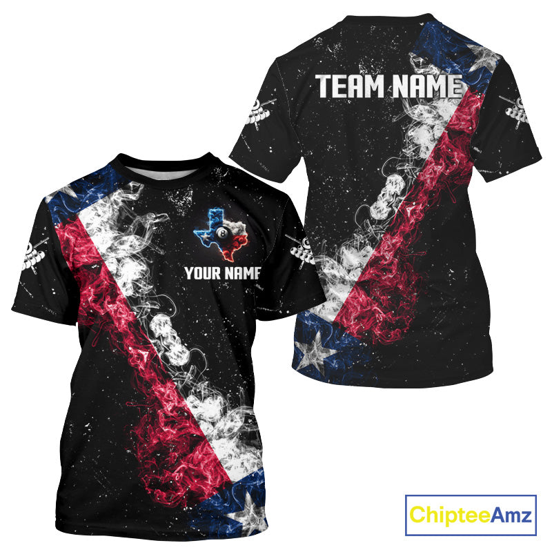 Personalized Grunge Texas Flag Smoke Billiard T-Shirt Custom Patriotic Texas Pool Team Jersey