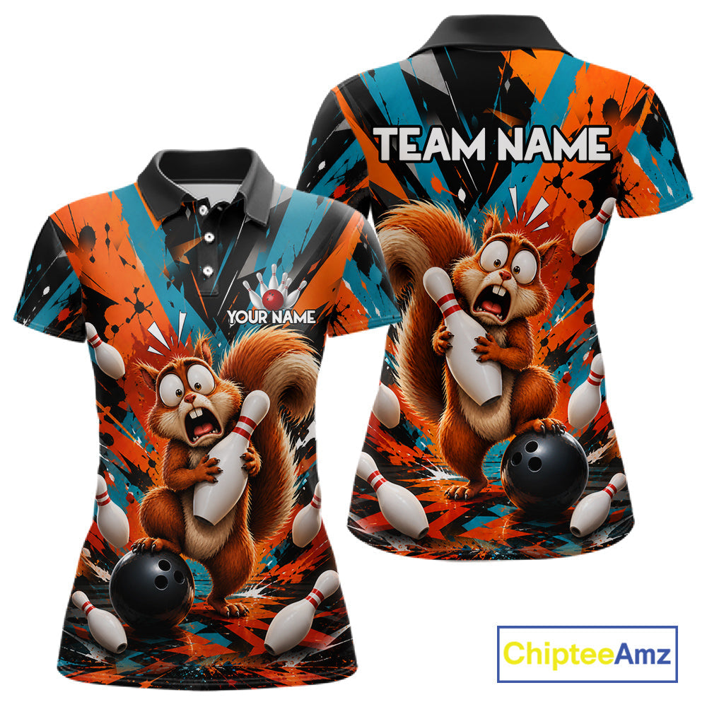 Colorful Graffiti Funny Squirrel Bowling Polo, 1/4 Zip Shirts Custom Bowling Team Jersey