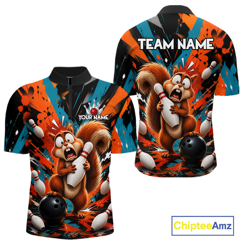 Colorful Graffiti Funny Squirrel Bowling Polo, 1/4 Zip Shirts Custom Bowling Team Jersey