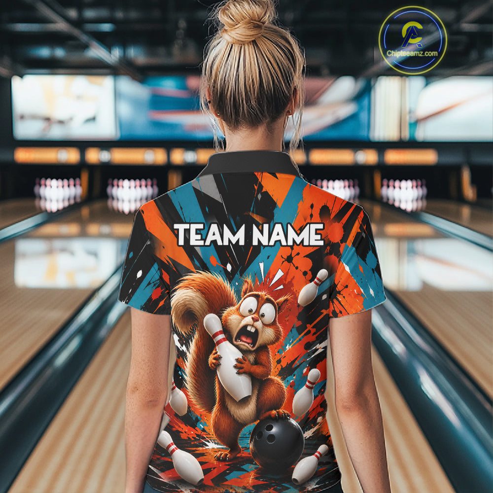 Colorful Graffiti Funny Squirrel Bowling Polo, 1/4 Zip Shirts Custom Bowling Team Jersey