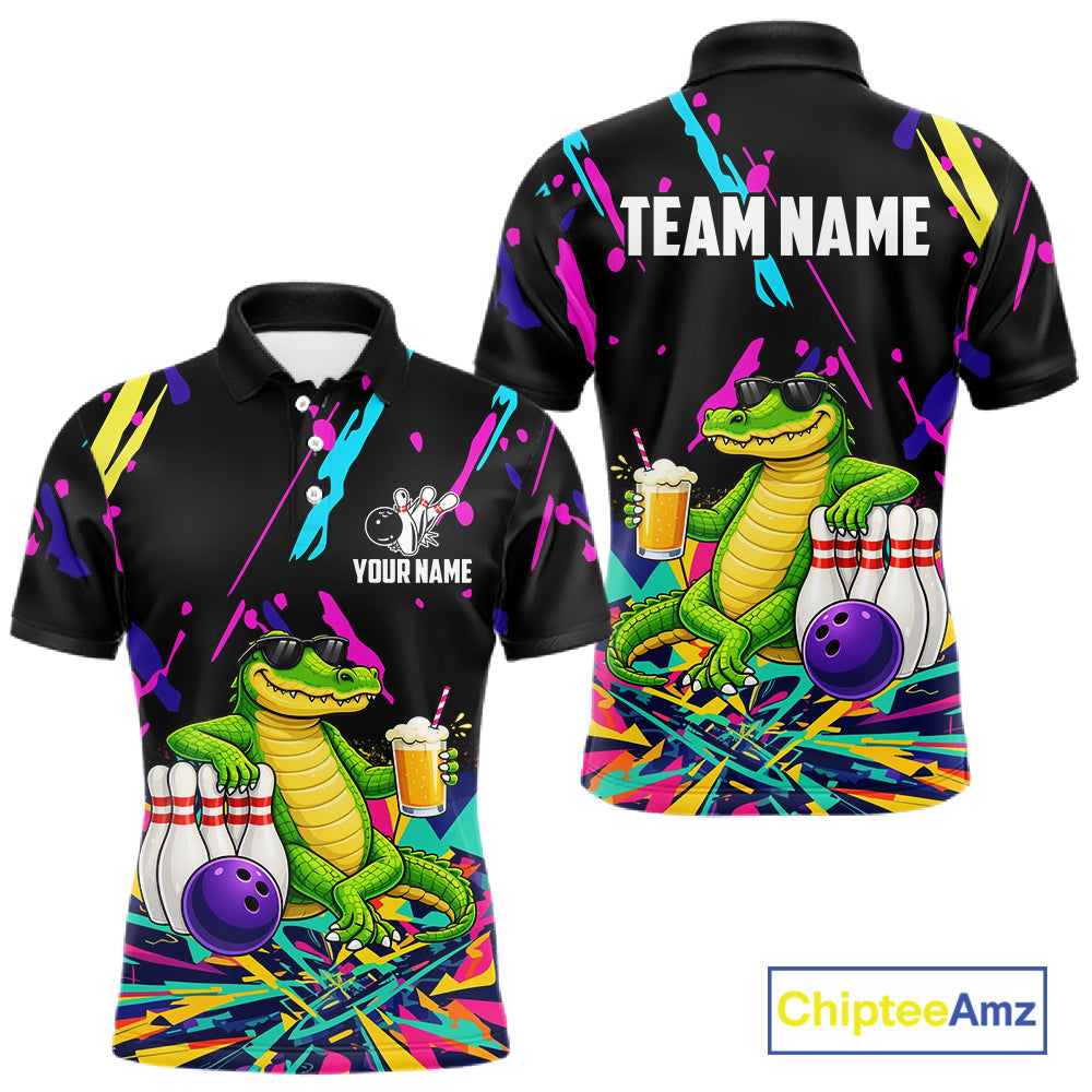 Colorful Bowling Jersey Funny Alligator Bowling Polo & 1/4 Zip Custom Bowling Team Shirts