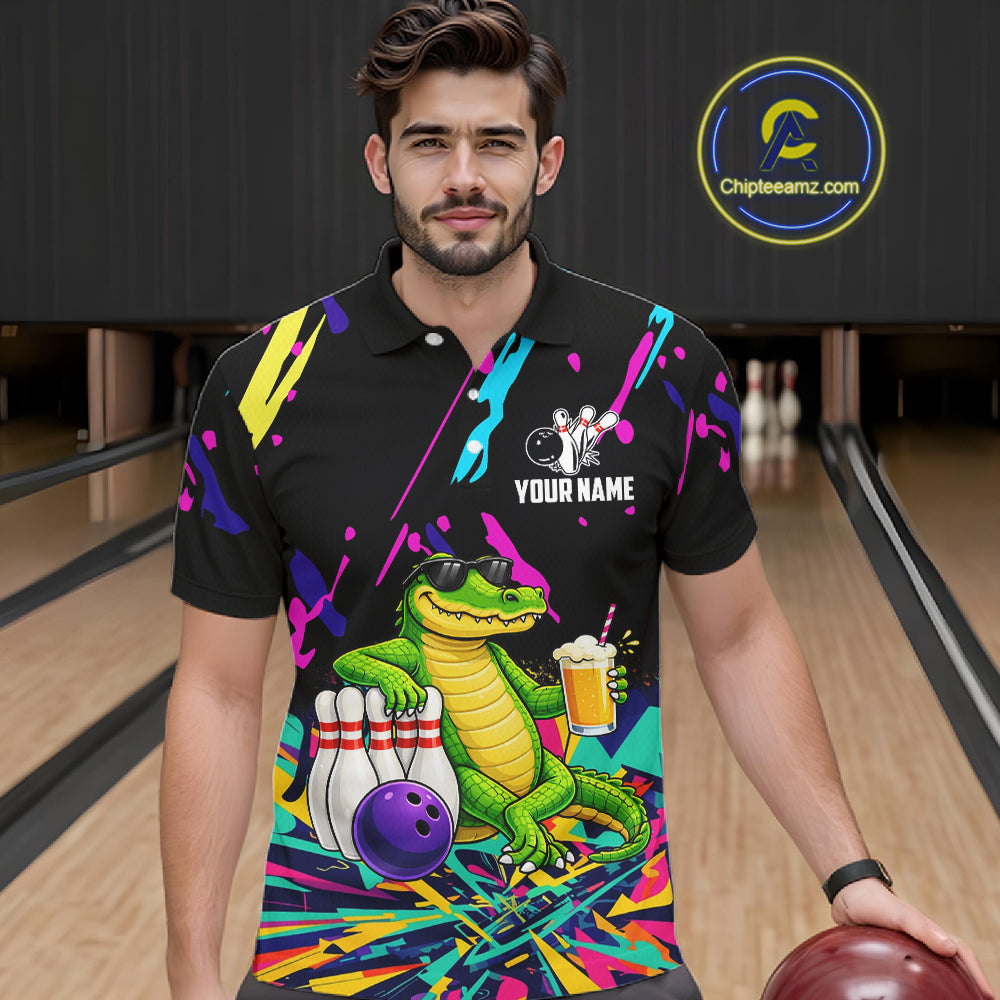 Colorful Bowling Jersey Funny Alligator Bowling Polo & 1/4 Zip Custom Bowling Team Shirts