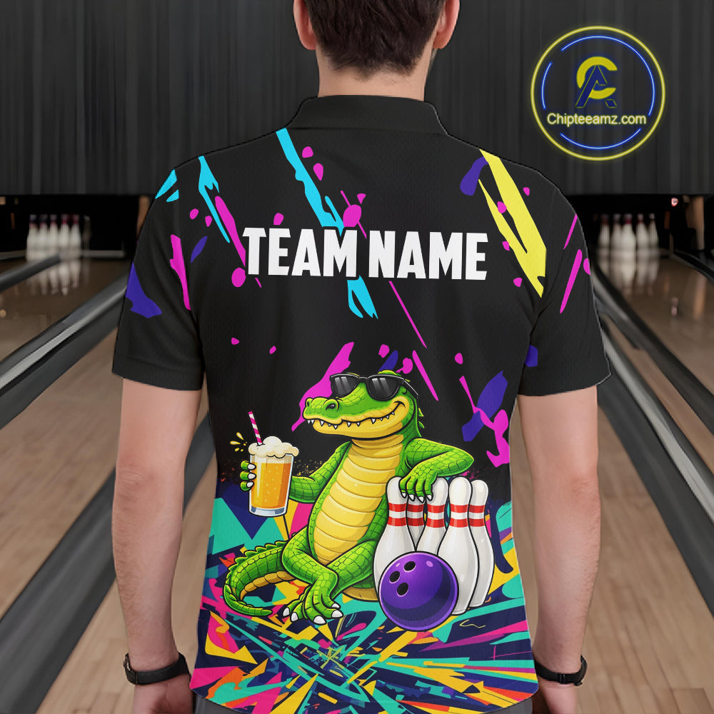 Colorful Bowling Jersey Funny Alligator Bowling Polo & 1/4 Zip Custom Bowling Team Shirts