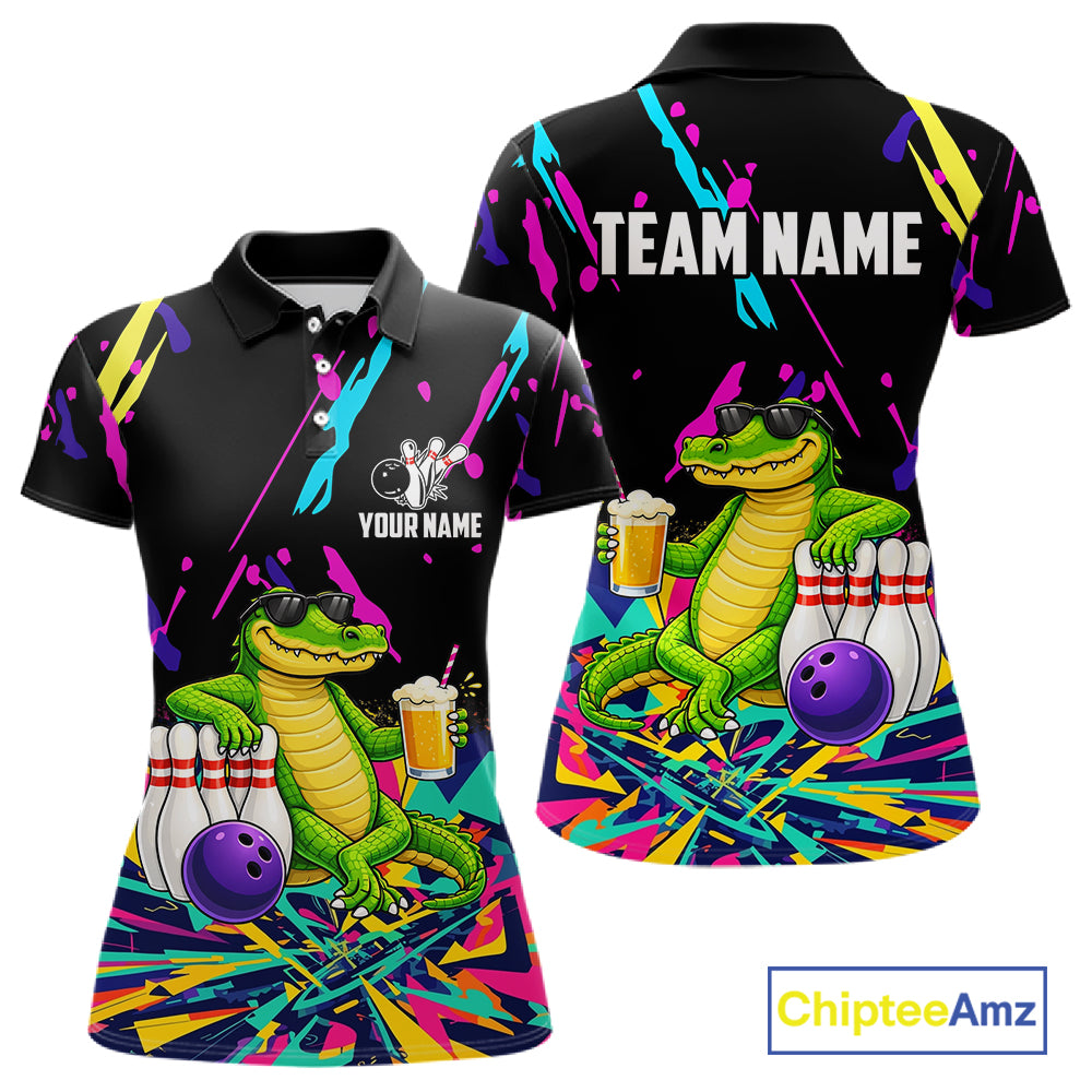 Colorful Bowling Jersey Funny Alligator Bowling Polo & 1/4 Zip Custom Bowling Team Shirts