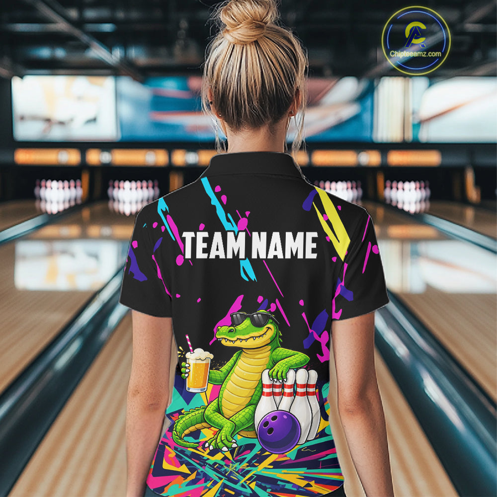 Colorful Bowling Jersey Funny Alligator Bowling Polo & 1/4 Zip Custom Bowling Team Shirts