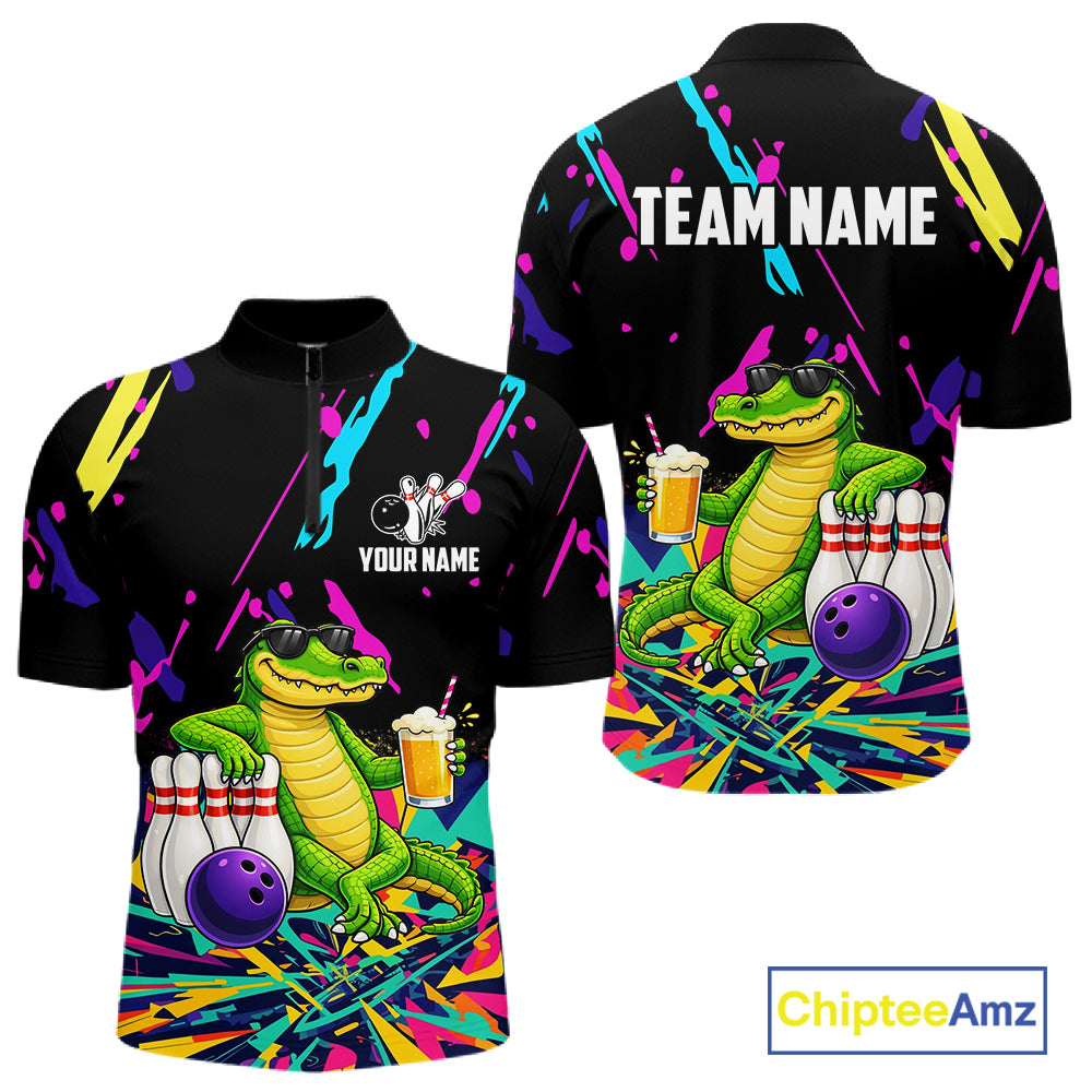 Colorful Bowling Jersey Funny Alligator Bowling Polo & 1/4 Zip Custom Bowling Team Shirts