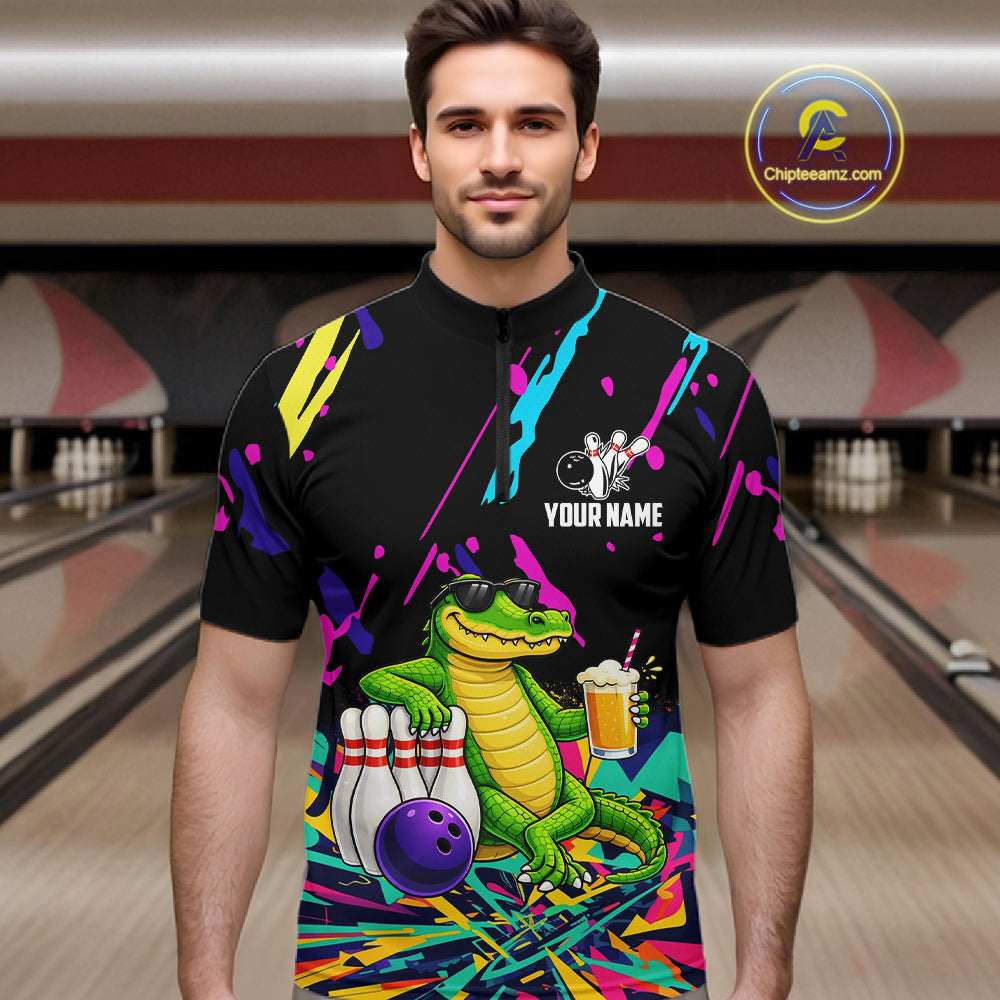 Colorful Bowling Jersey Funny Alligator Bowling Polo & 1/4 Zip Custom Bowling Team Shirts