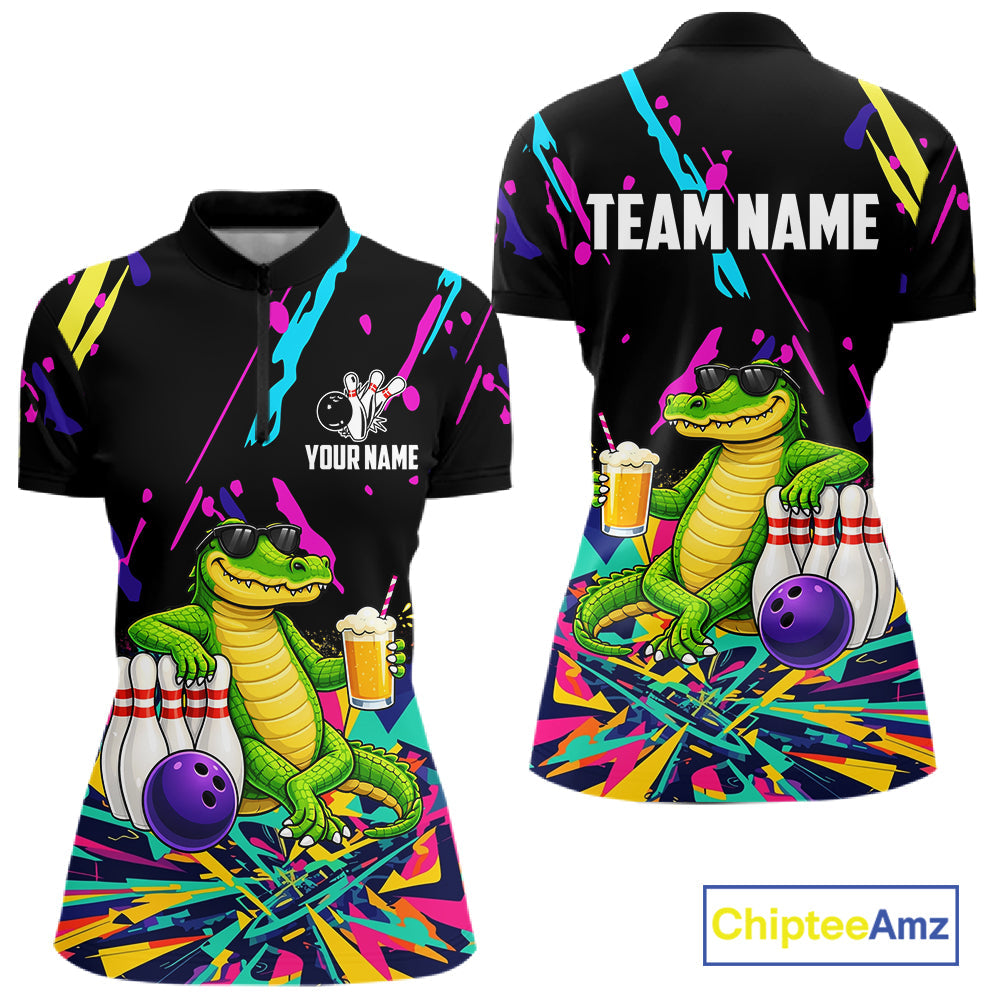 Colorful Bowling Jersey Funny Alligator Bowling Polo & 1/4 Zip Custom Bowling Team Shirts
