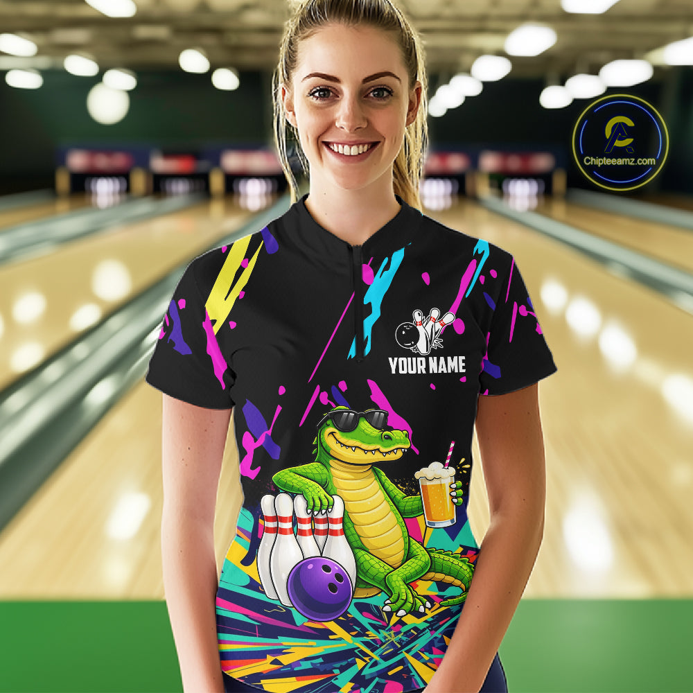 Colorful Bowling Jersey Funny Alligator Bowling Polo & 1/4 Zip Custom Bowling Team Shirts