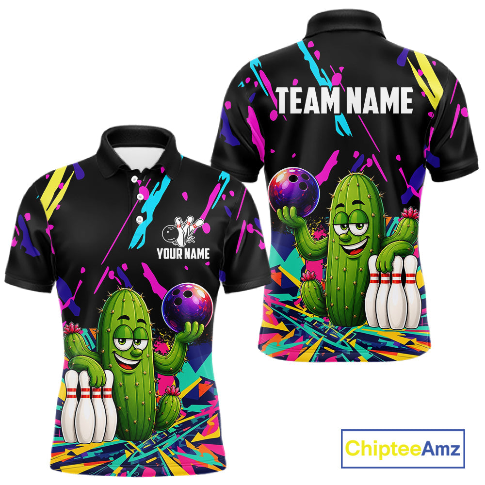 Colorful Bowling Jersey Funny Cactus Bowling Polo & 1/4 Zip Custom Bowling Team Shirts