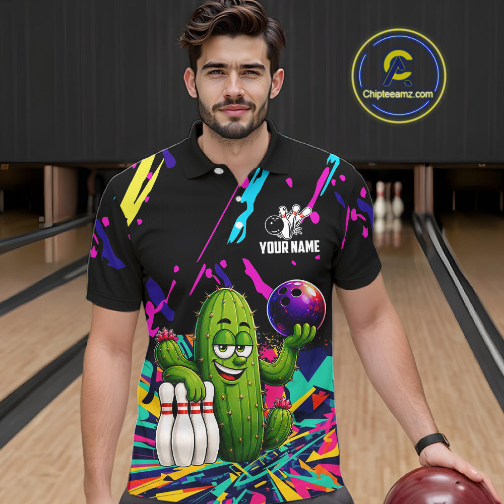Colorful Bowling Jersey Funny Cactus Bowling Polo & 1/4 Zip Custom Bowling Team Shirts