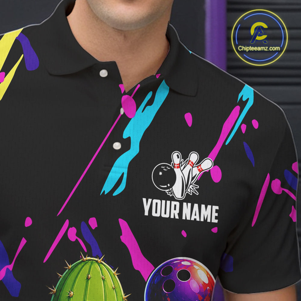 Colorful Bowling Jersey Funny Cactus Bowling Polo & 1/4 Zip Custom Bowling Team Shirts