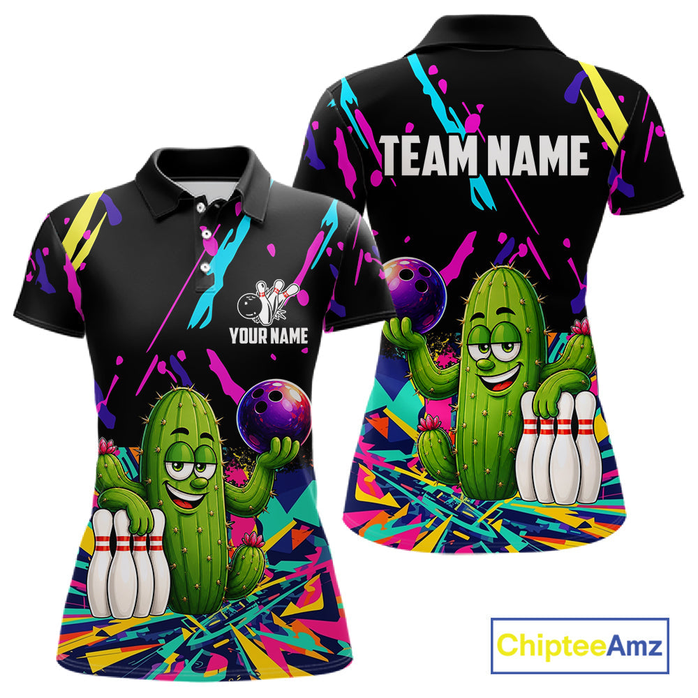 Colorful Bowling Jersey Funny Cactus Bowling Polo & 1/4 Zip Custom Bowling Team Shirts