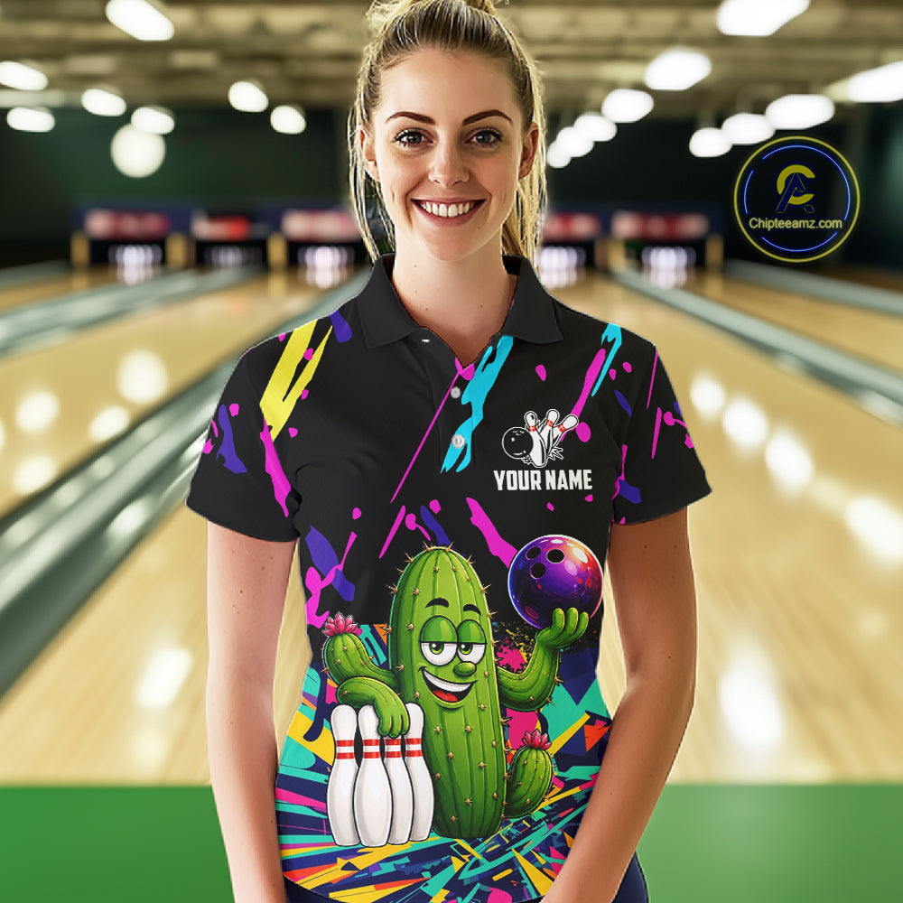 Colorful Bowling Jersey Funny Cactus Bowling Polo & 1/4 Zip Custom Bowling Team Shirts