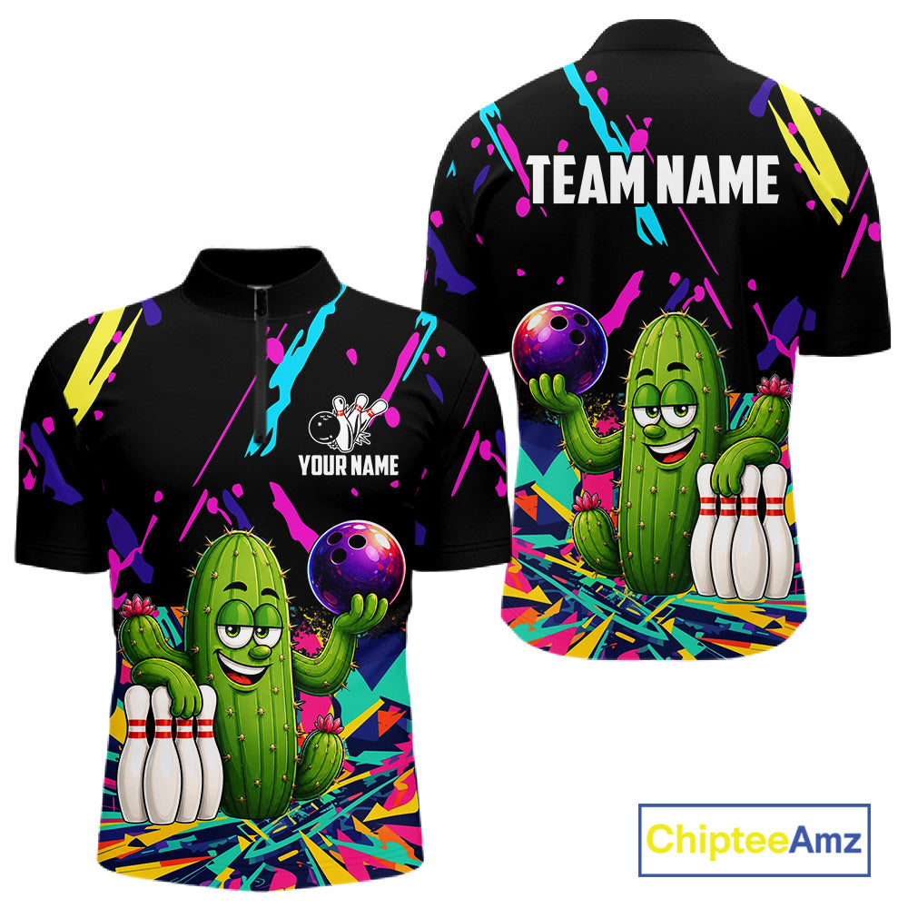 Colorful Bowling Jersey Funny Cactus Bowling Polo & 1/4 Zip Custom Bowling Team Shirts