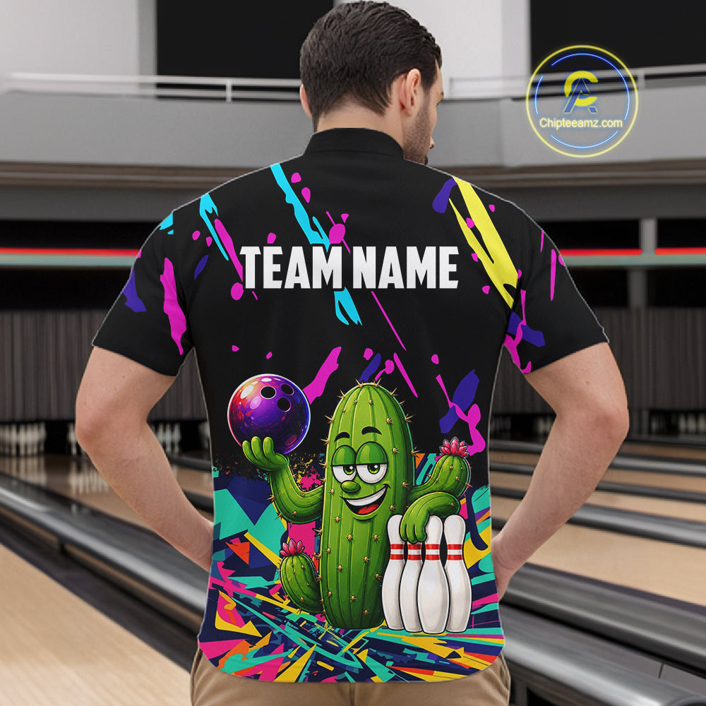 Colorful Bowling Jersey Funny Cactus Bowling Polo & 1/4 Zip Custom Bowling Team Shirts