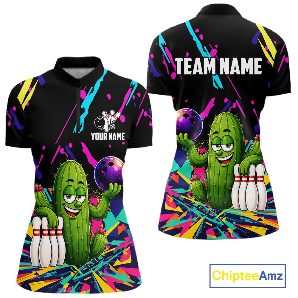 Colorful Bowling Jersey Funny Cactus Bowling Polo & 1/4 Zip Custom Bowling Team Shirts