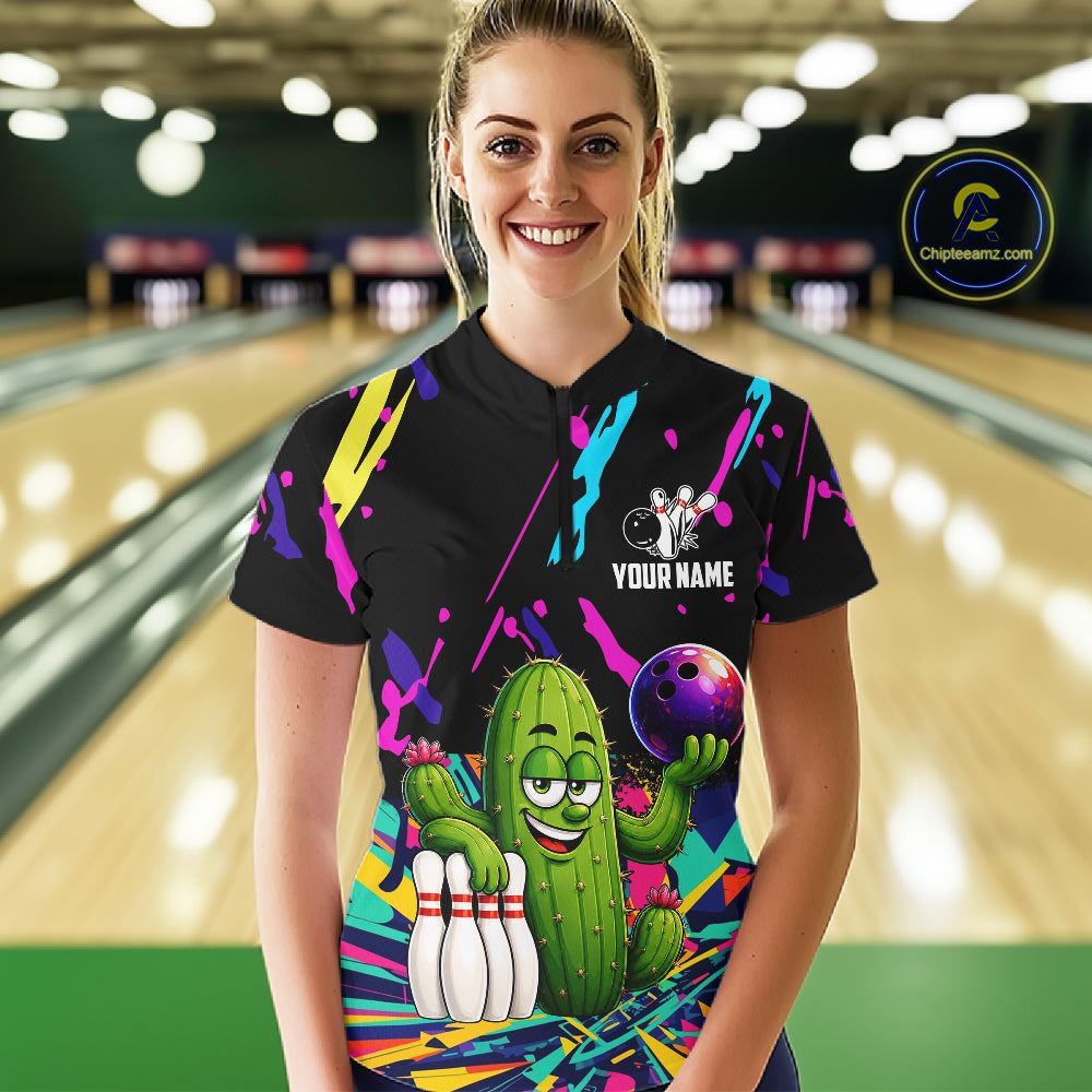 Colorful Bowling Jersey Funny Cactus Bowling Polo & 1/4 Zip Custom Bowling Team Shirts