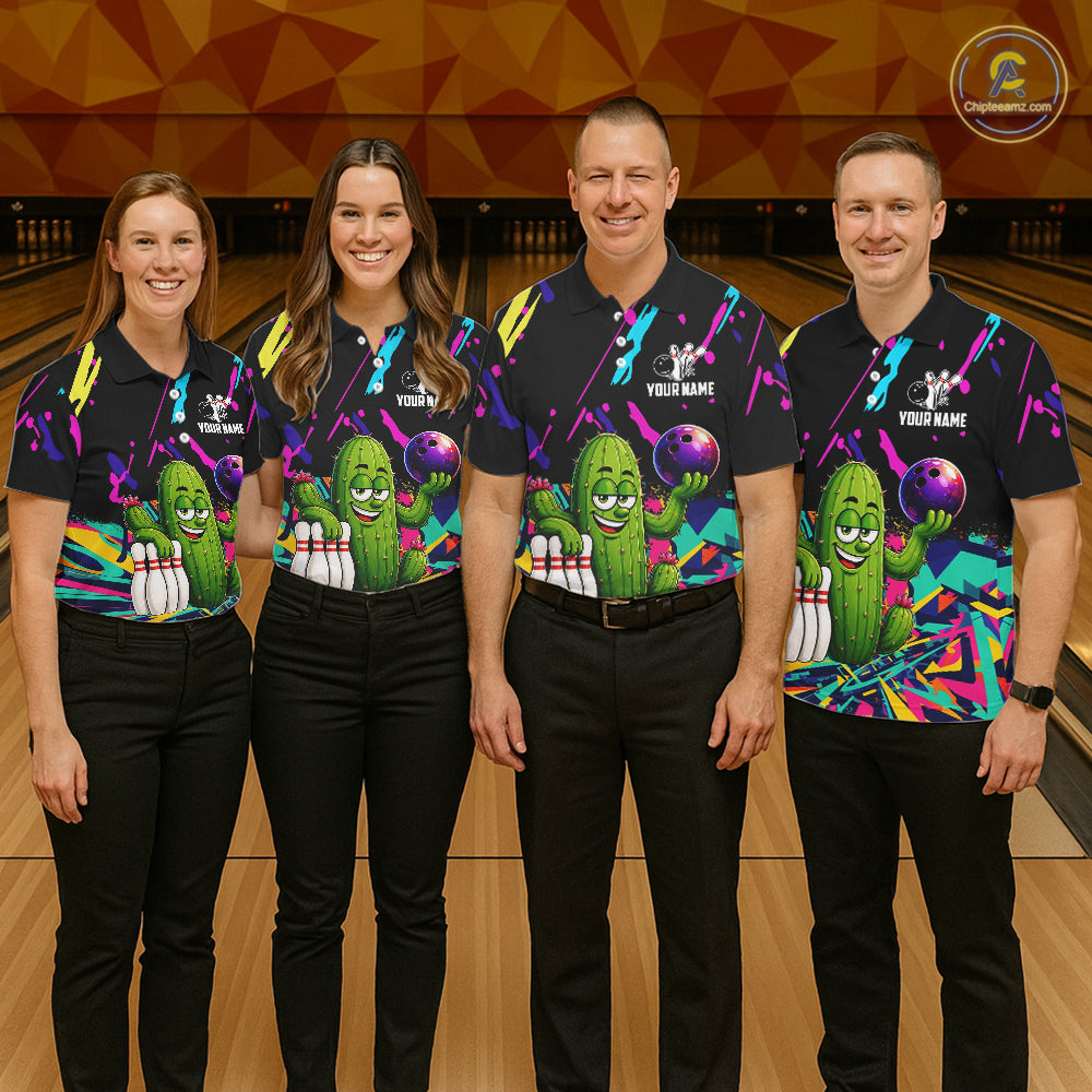 Colorful Bowling Jersey Funny Cactus Bowling Polo & 1/4 Zip Custom Bowling Team Shirts