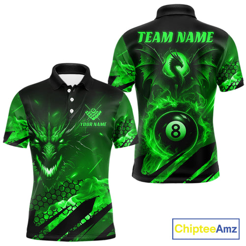 Personalized Green Flaming Dragon 8 Ball Billiard Shirt, Pool Team Jersey Polo & 1/4 Zip