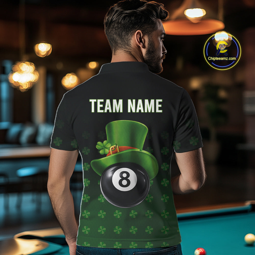 Black And Green 8 Ball Pool Shamrock Billiard Shirt Custom St Patrick Day Billiard Jersey
