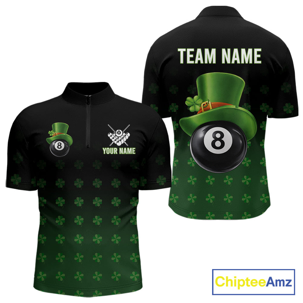 Black And Green 8 Ball Pool Shamrock Billiard Shirt Custom St Patrick Day Billiard Jersey