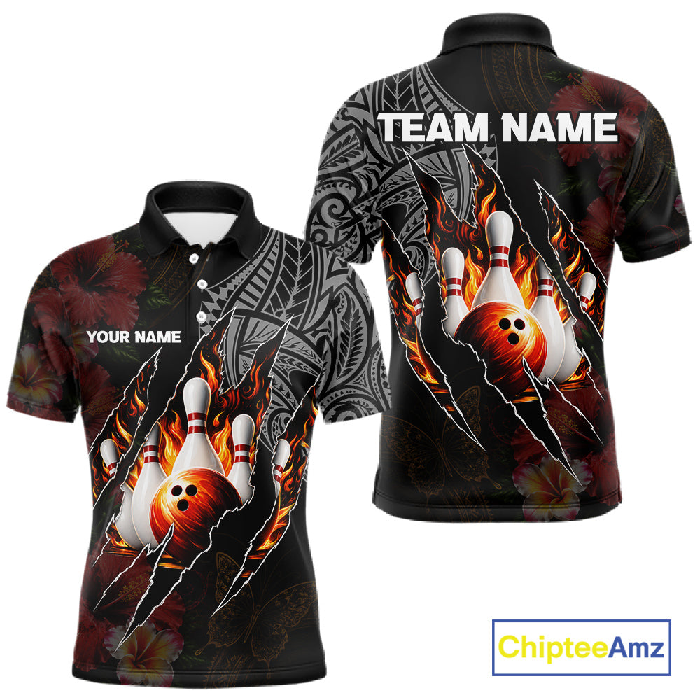 Personalized Hibiscus Flower Flame Bowling Shirt, Tribal Bowling Team Jersey Polo, 1/4 Zip