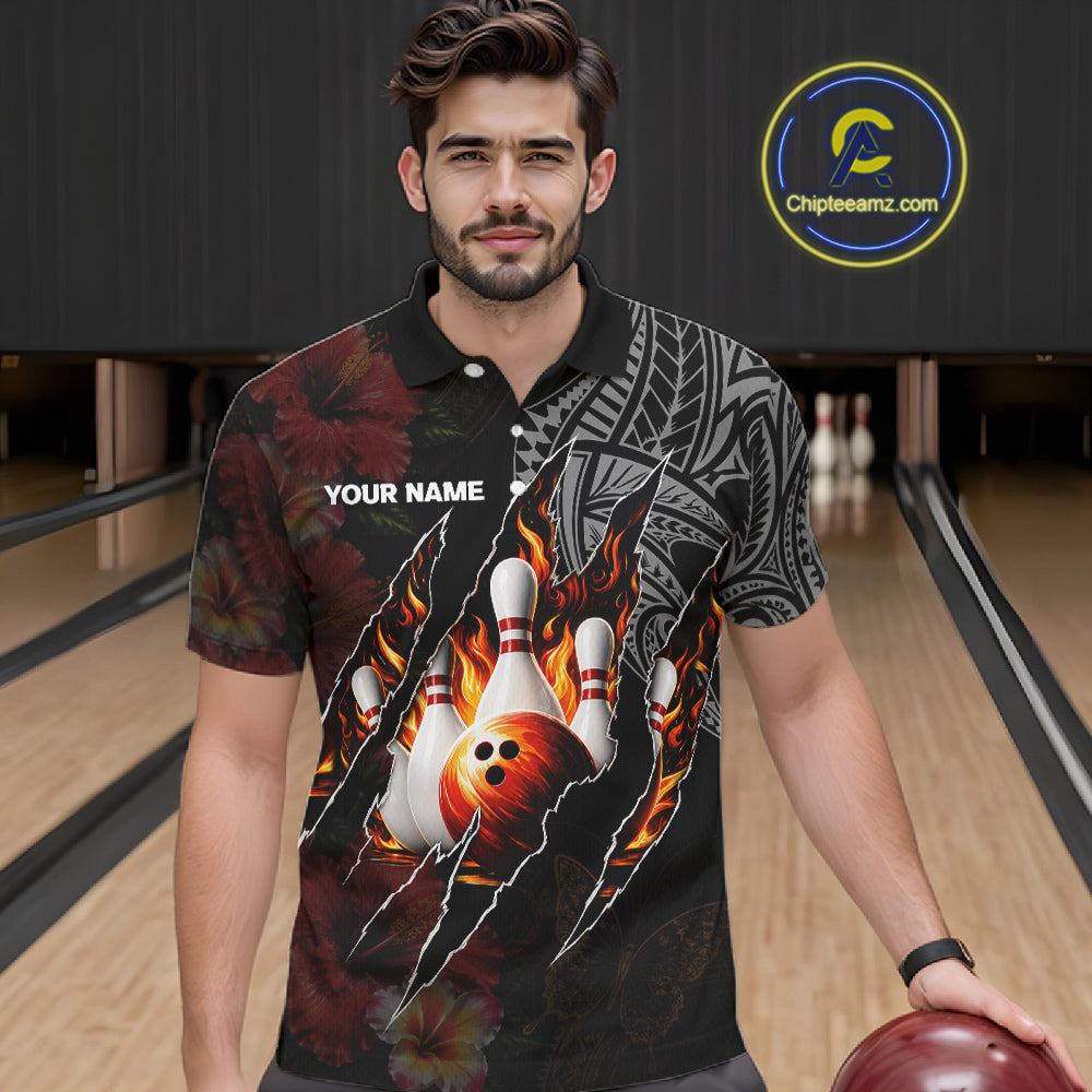 Personalized Hibiscus Flower Flame Bowling Shirt, Tribal Bowling Team Jersey Polo, 1/4 Zip