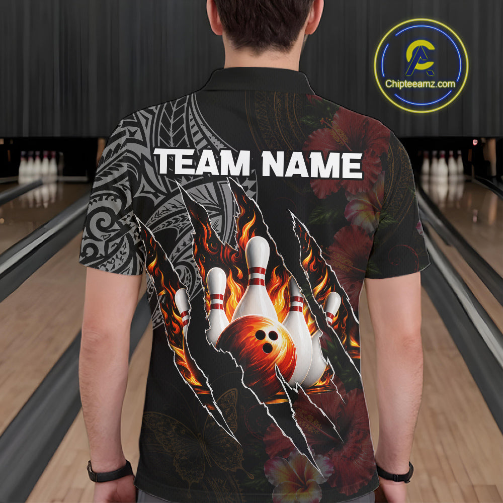 Personalized Hibiscus Flower Flame Bowling Shirt, Tribal Bowling Team Jersey Polo, 1/4 Zip