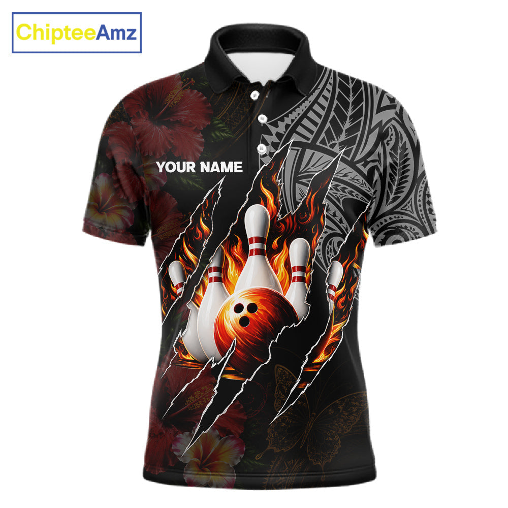 Personalized Hibiscus Flower Flame Bowling Shirt, Tribal Bowling Team Jersey Polo, 1/4 Zip
