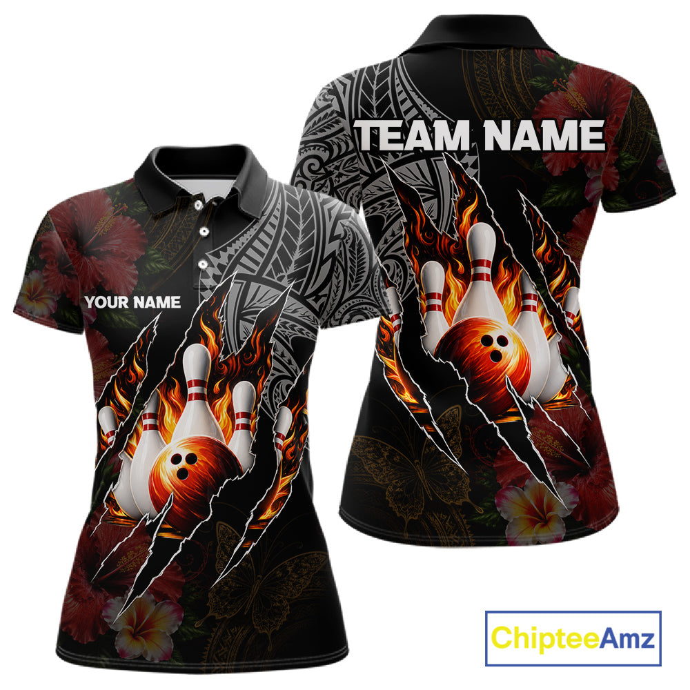 Personalized Hibiscus Flower Flame Bowling Shirt, Tribal Bowling Team Jersey Polo, 1/4 Zip