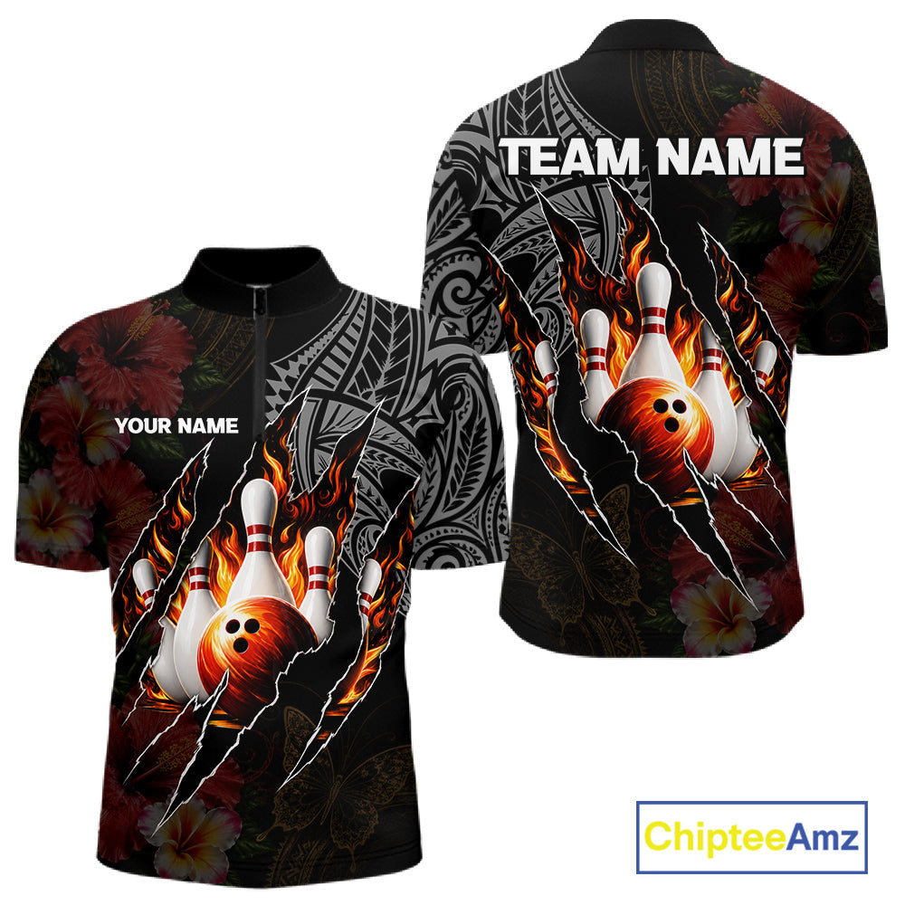 Personalized Hibiscus Flower Flame Bowling Shirt, Tribal Bowling Team Jersey Polo, 1/4 Zip
