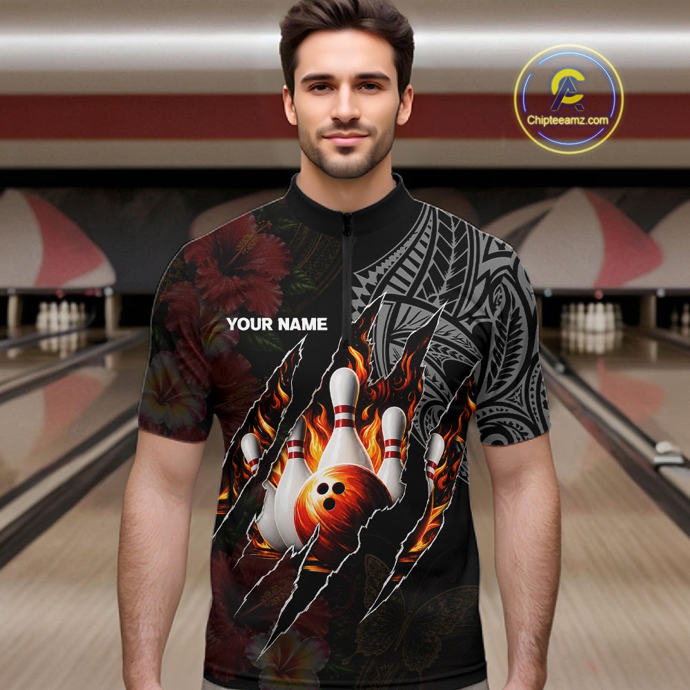 Personalized Hibiscus Flower Flame Bowling Shirt, Tribal Bowling Team Jersey Polo, 1/4 Zip