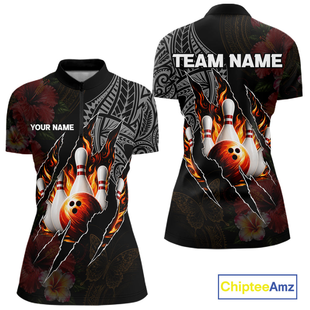 Personalized Hibiscus Flower Flame Bowling Shirt, Tribal Bowling Team Jersey Polo, 1/4 Zip