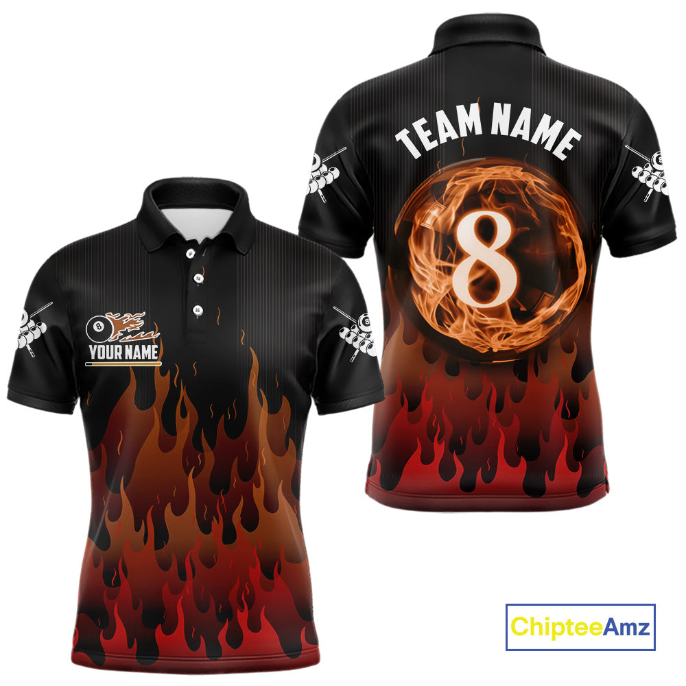 Red And Orange Flaming 8 Ball Pool Billiard Polo & 1/4 Zip Custom Pool Team Player Jersey