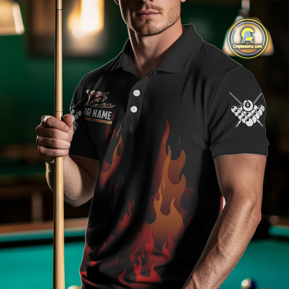 Red And Orange Flaming 8 Ball Pool Billiard Polo & 1/4 Zip Custom Pool Team Player Jersey