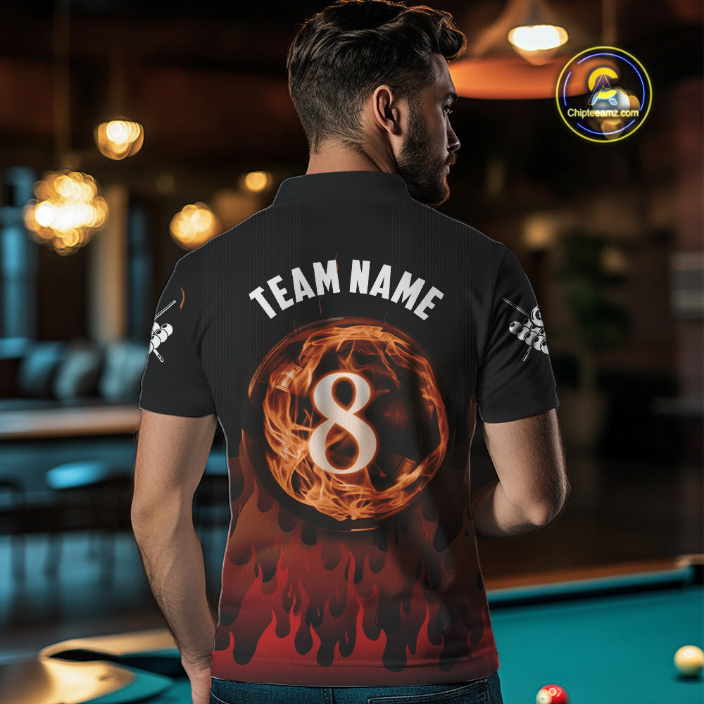 Red And Orange Flaming 8 Ball Pool Billiard Polo & 1/4 Zip Custom Pool Team Player Jersey