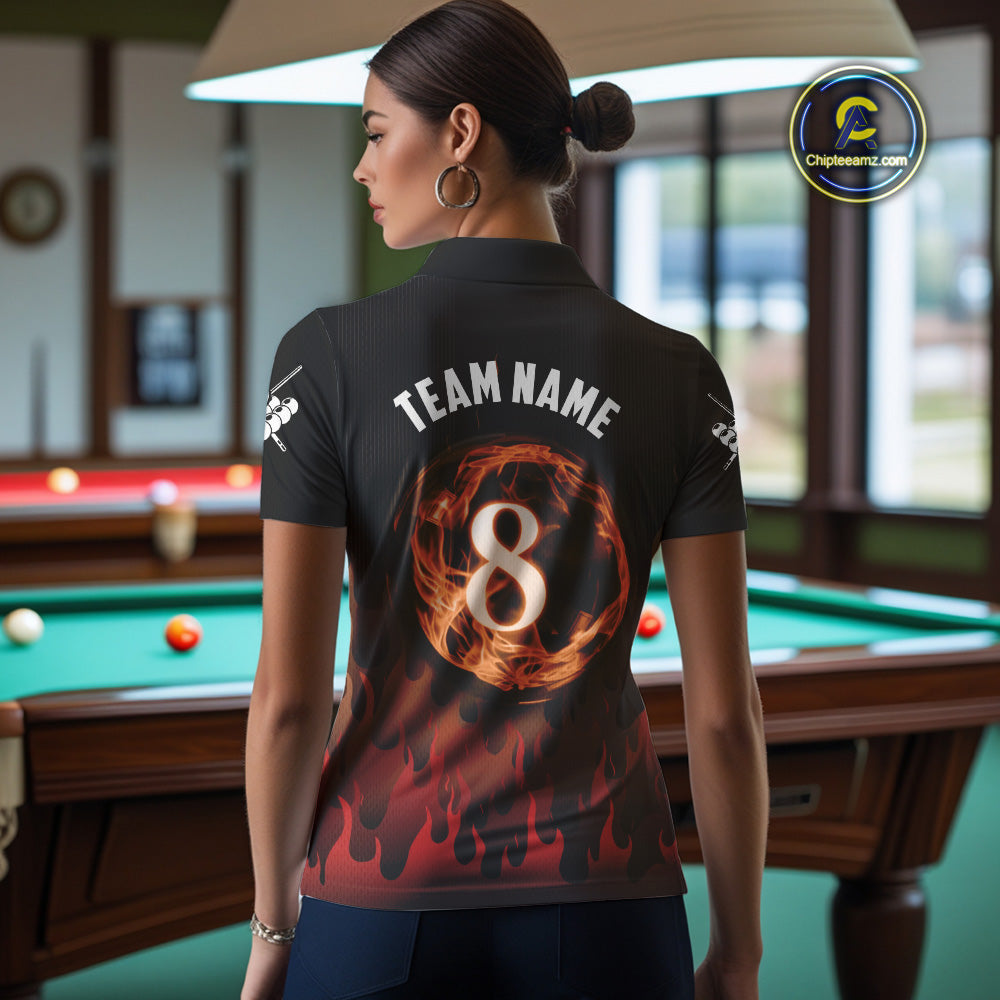 Red And Orange Flaming 8 Ball Pool Billiard Polo & 1/4 Zip Custom Pool Team Player Jersey
