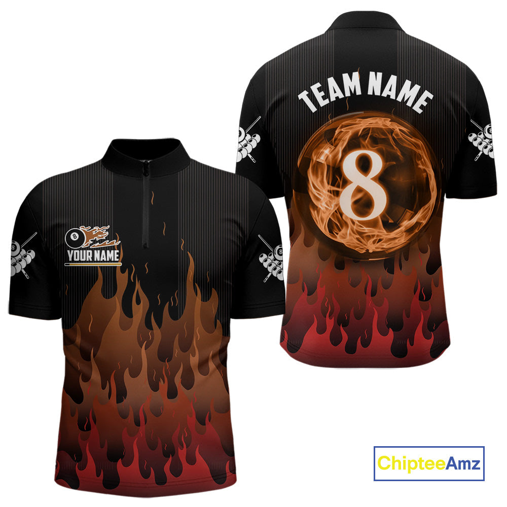 Red And Orange Flaming 8 Ball Pool Billiard Polo & 1/4 Zip Custom Pool Team Player Jersey
