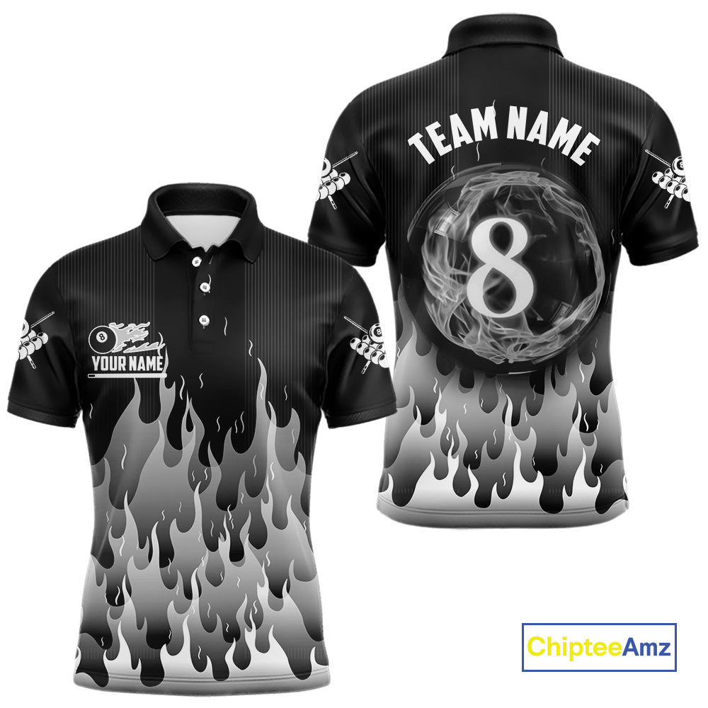 Black And Grey Flaming 8 Ball Pool Billiard Polo & 1/4 Zip Custom Pool Team Player Jersey