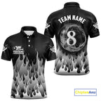 Black And Grey Flaming 8 Ball Pool Billiard Polo & 1/4 Zip Custom Pool Team Player Jersey