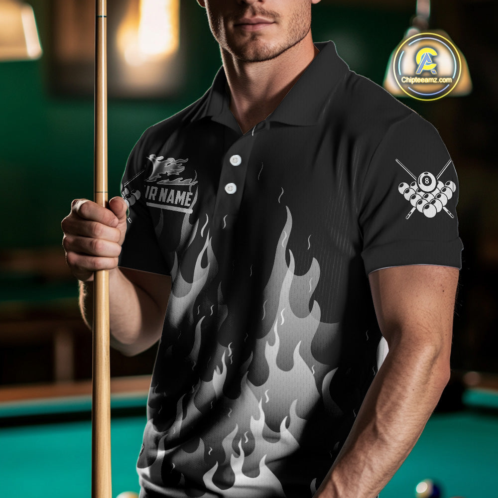 Black And Grey Flaming 8 Ball Pool Billiard Polo & 1/4 Zip Custom Pool Team Player Jersey