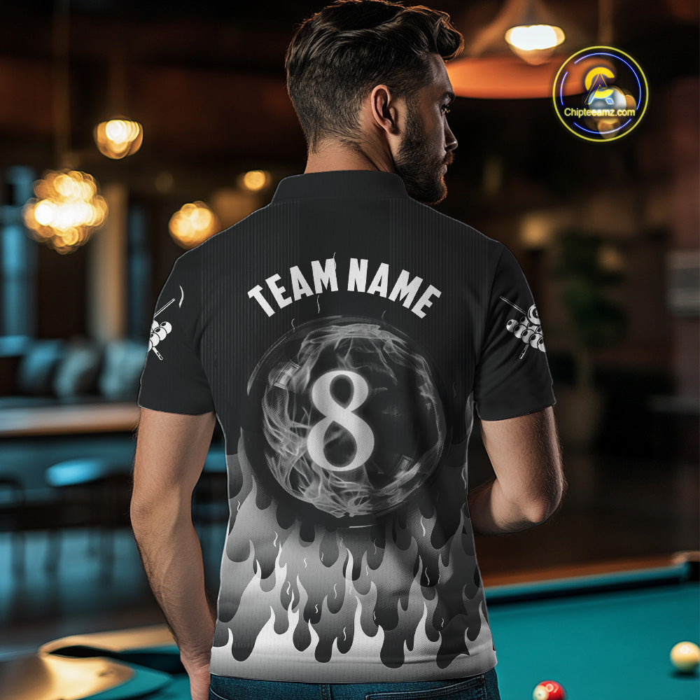 Black And Grey Flaming 8 Ball Pool Billiard Polo & 1/4 Zip Custom Pool Team Player Jersey